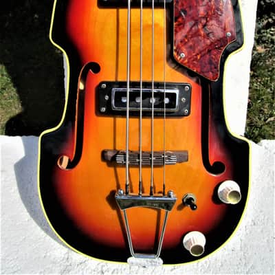 Beatle Bass Copy, 1960's, Japan, Scroll Headstock, Sunburst, Case image 4