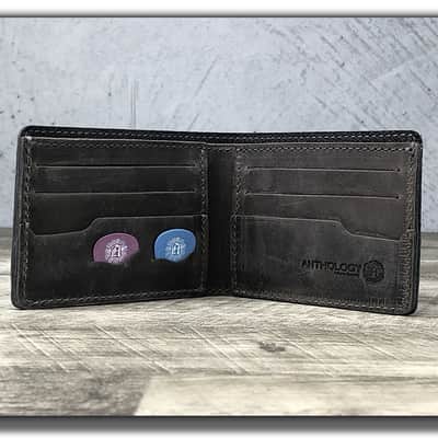 Anthology Gear Minimalist Leather Bi-Fold Wallet with Guitar Pick Holder - Aged Steel image 2