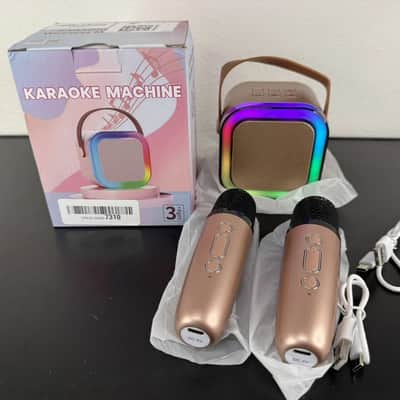 Mini Karaoke Machine – Rose Gold Bluetooth Speaker with 2 Wireless Mics & Colorful Lights image 1