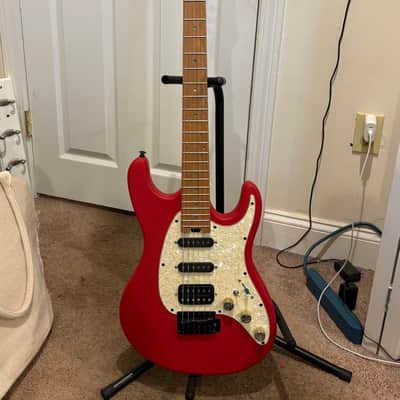 1 of 1 Custom Red Cordovox Strat Style / ST HSS Electric Guitar | Gold Control Knobs w/ Abalone Shell | Shiny Blue Pickup Switch Cap | White Pearl Pickgaurd | Abalone Shell Fret Stickers | Roasted Maple Neck / Fretboard image 3