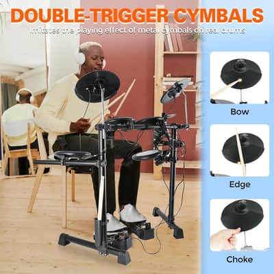 Electric Drum Set with Quiet Mesh Drum Pads, Electronic Drum Set for Beginner 2 Leg with Cymbals, Pedal, Upgraded Drum Module, 144 Sounds, Bluetooth, USB MIDI, Headphone, Drum Stool, Sticks image 4