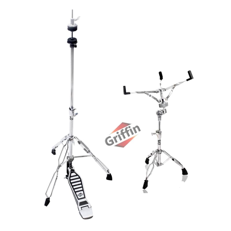 Drum Hardware Set - Hi-Hat Stand & Snare Drum Stand (2-Piece Kit) by GRIFFIN | Hi-Hat Pedal with Pull Chain, Chrome Double-Braced Kit & Mount Basket for Snares, Tom Drums & Practice Pad image 1