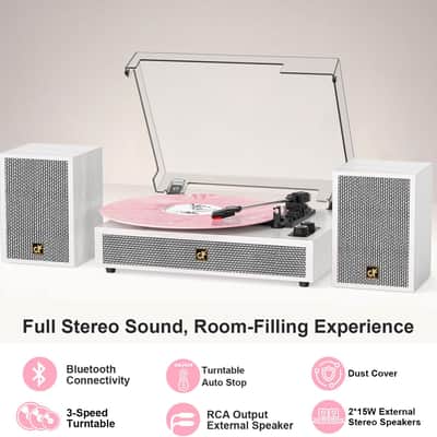 White Bluetooth Vinyl Record Player Turntable w/ Dual 30W Stereo Speakers 3-Speed RCA AUX image 4