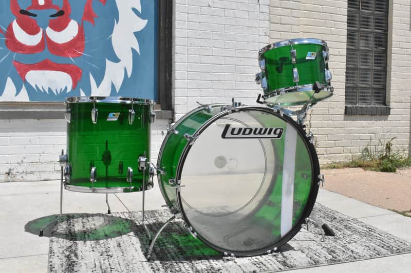 Vintage Ludwig Green Vistalite 13", 16", 24" Drum Kit image 1