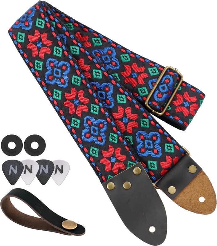 Guitar Strap, Colourful Flowers, Three Spikes Leather Ended Acoustic Guitar Electric Guitar Bass Guitar Straps, Free with Lock and Head Strap image 1