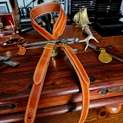 Hand Made, Hand Stitched Guitar strap "Rockatansky" in Burnt Tan & Cream - Vegetable Tanned Leather image 9
