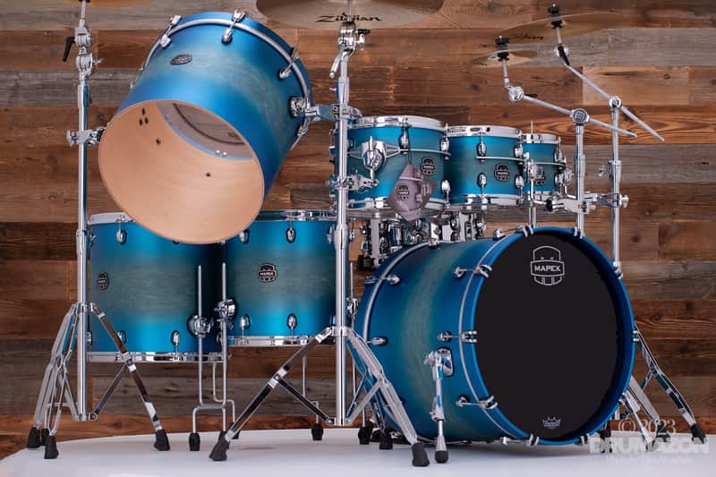 MAPEX SATURN EVOLUTION MAPLE / WALNUT 7 PIECE DRUM KIT, EXOTIC AZURE BURST, SPECIAL SIZES image 1