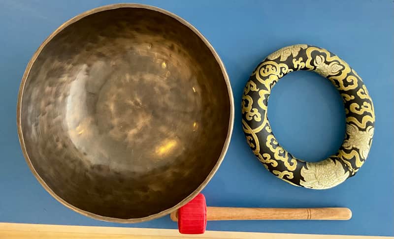 12.5” Hammered Bronze Etched Tibetan Tiger’s Eye Full Moon Singing Bowl w/ Striker image 1