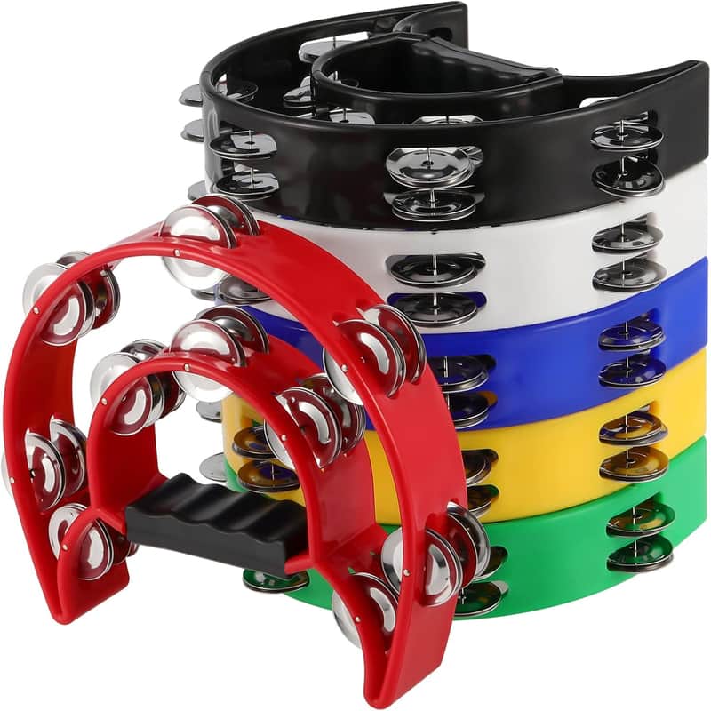 6 Pack Double Row Tambourine, Half Moon Handheld Tambourine, Metal Jingles Hand Held Percussion Plastic Musical Tambourine for Church, Party, Band, 6 Colors image 1