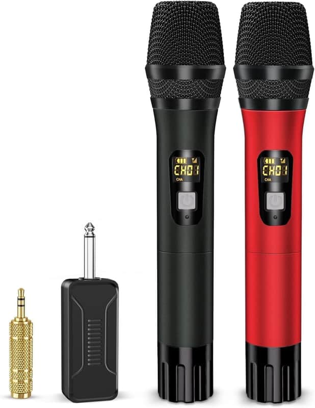 Wireless Microphones, Professional UHF Metal Dual Handheld Cordless Dynamic Mic System with Rechargeable Receiver, 1/4" Output, 160ft Range, Auto Connect for Karaoke, Party Singing, Church, Speech, DJ image 1