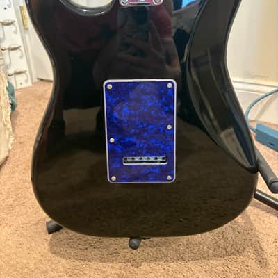 1 of 1 Custom Fender Squier Strat "Midnight Ocean" 2011 - Glossy Black Body w/ Blue Pearl Pickgaurd + Silver Pickups & Control Knobs | Rosewood Fretboard | Hand Painted Headstock | Silver Whammy Bar (Tremelo Arm) | Moon / Ocean / Nautical image 7