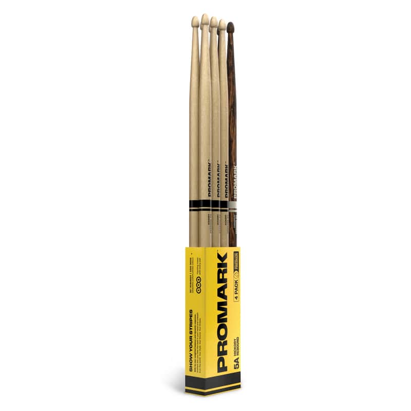 Promark Rebound 5A Hickory Drumstick, Acorn Wood Tip, FireGrain Bonus 4-Pack image 1