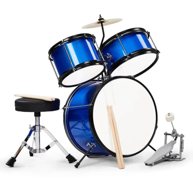 3-Piece Complete Junior Kids Drum Set Kit w/ Cymbal, Kick Pedal, Stool & Sticks – Dark Blue image 1