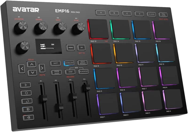 HXW Avatar EMP16 MIDI Pad Controller Beat Maker Machine With Bluetooth, 16 RGB Velocity Sensitive Beat Pads, 16 Level, Full/Half Level, OLED Display, MIDI In/Out image 1