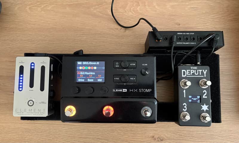Complete mini pedalboard Line 6 HX Stomp, Preston Deputy midi controller, Darkglass Element cab sim DI, and power supply image 1