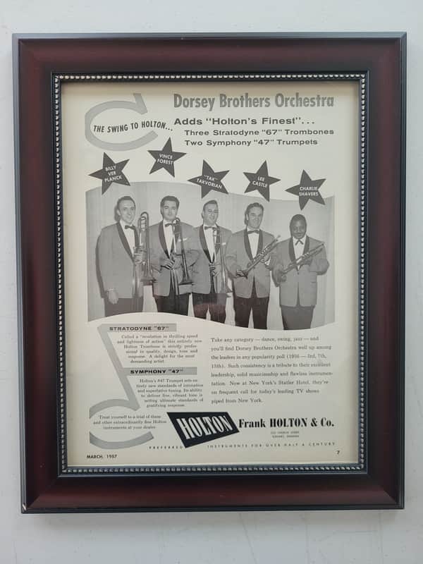 1957 Holton Horns Promotional Ad Framed Tommy Dorsey's Horn Section Stratodyne 67 & Symphony 47 Horns original image 1