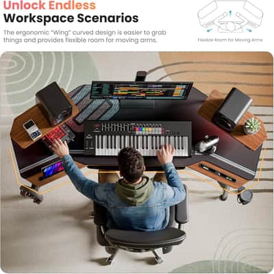 72" Wing-Shaped Music Producer Desk – Walnut Studio Workstation with Keyboard Tray, LED Lights & Monitor Shelves image 4