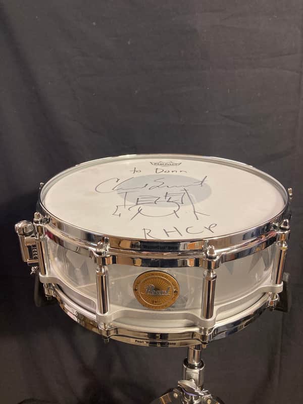 Chad Smith's Pearl 14x5" Custom Red Hot Chili Peppers Logo, 2011 World Tour Snare Drum. Clear Acrylic, With SIGNED HEAD! image 1