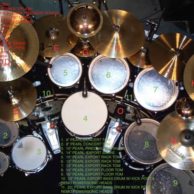 11 Piece PEARL double bass drum kit - rack mounted drums - Full Kit with Rack Hardware & 15 cymbals image 7