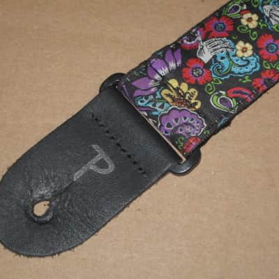 lightly used Perri's 2" Floral Skulls Jacquard Guitar Strap, TWS-7274, Floral Skulls High Quality Jacquard Ribbon Sewn on Tubular Webbing with Leather Ends, Adjustable length 39" to 58" (from early 2020s) image 3