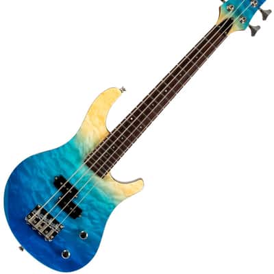 Flight Mini Bass (TBL) Solid Body Transparent Blue New - gradient blue finish on a quilted maple top image 9