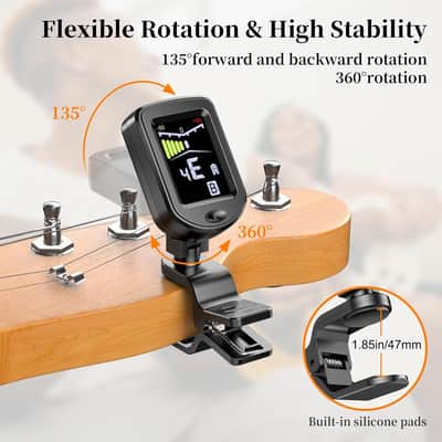 Clip-On Guitar Tuner Rechargeable with Color Screen 360° Rotatable Chromatic Tuner for Guitar, Bass, Ukulele, Violin (Black, 1 Pack) image 4