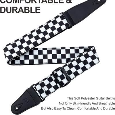 Guitar Strap-2" Wide Double Layer Cotton Original Design Adjustable Guitar Straps with Long Leather Ends for Bass, Electric & Acoustic, Best Gifts for Kids,Guitarists (White Grid) image 2