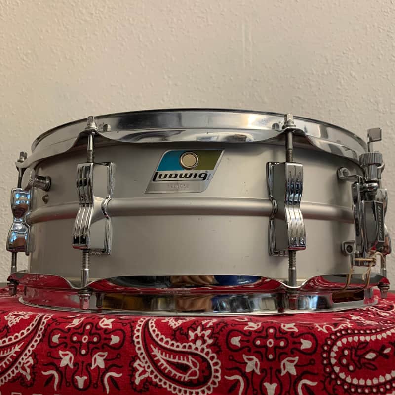Ludwig No. 404 Acrolite 5x14" 8-Lug Aluminum Snare Drum with Pointed Blue/Olive Badge 1969 - 1979 - Matte Aluminum image 1