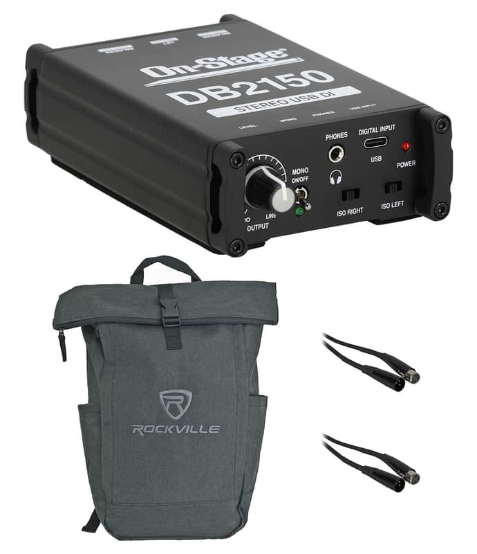 On-Stage DB2150 Passive USB DI Box w/3.5 mm Headphone Output+XLR Cables+Backpacl image 1