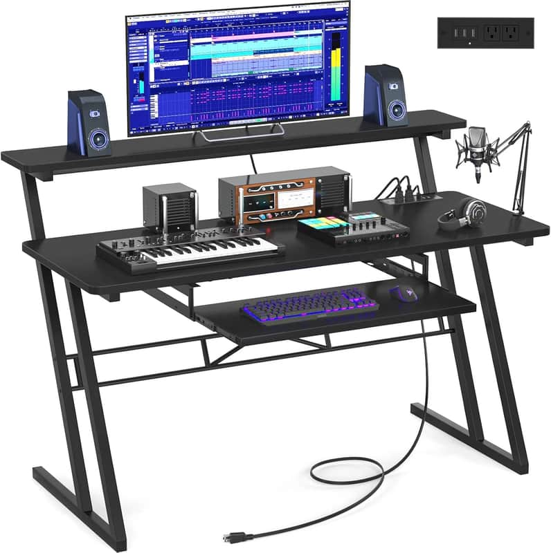 Music Production Studio Desk – Recording Workstation with Monitor Shelf, Keyboard Tray & Power Outlets image 1