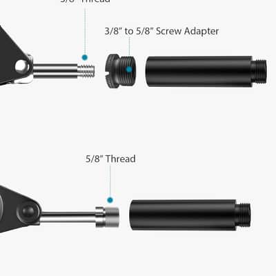 Mic Stand Extension Tube, 2 Pieces 5/8" Thread Microphone Extension Pipe Mic Extender With 2 Pcs 3/8" To 5/8" Metal Adapter For Desk Mic Boom Arm Stand For Sm7B Mv7 Quadcast image 5