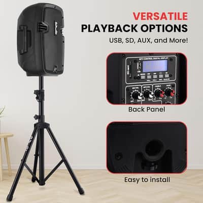 Powered PA Speaker System Active & Passive Bluetooth Loudspeakers Kit with 8 Inch Speakers, Wired Microphone, MP3/USB/SD/AUX Readers, Speaker Stands, Remote Control - Black image 3