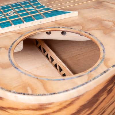 Lindo Earth Slim Body Electro Acoustic Guitar | Figured Tamo Ash and Flatsawn Zebrano | BS3M Blend Preamp/Tuner with Dual Jack/XLR Output | Solid Maple Teal Fretboard and Bridge (Nylon Strings) image 13