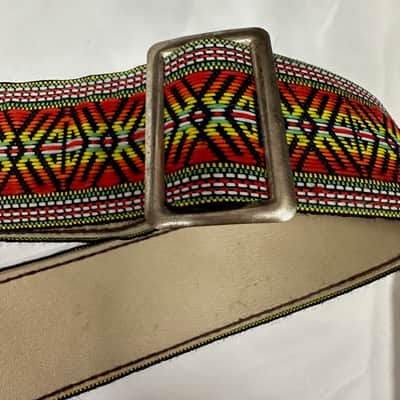 VINTAGE Retro Style Red, Yellow, Green, and Orange pattern 2" STRAP for GUITAR Cotton/Leather Metal Buckle image 3