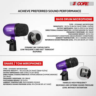 5 Core Conga Mic Snare Tom Set Professional XLR Cardioid Condenser Instrument Microphone Kit image 4