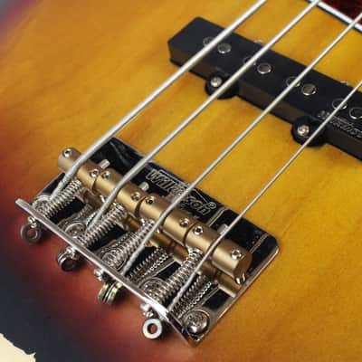 Vintage V74 Icon Fretless Bass Guitar in Distressed Sunset Sunburst w/Upgraded Pickguard image 11