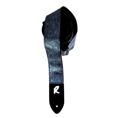 Blue Metallic Vegan Leather Guitar Strap-Blue Tooled Faux Leather Guitar Strap-Genuine Leather Ends -Fits Acoustic, Electric or Bass Guitars image 2