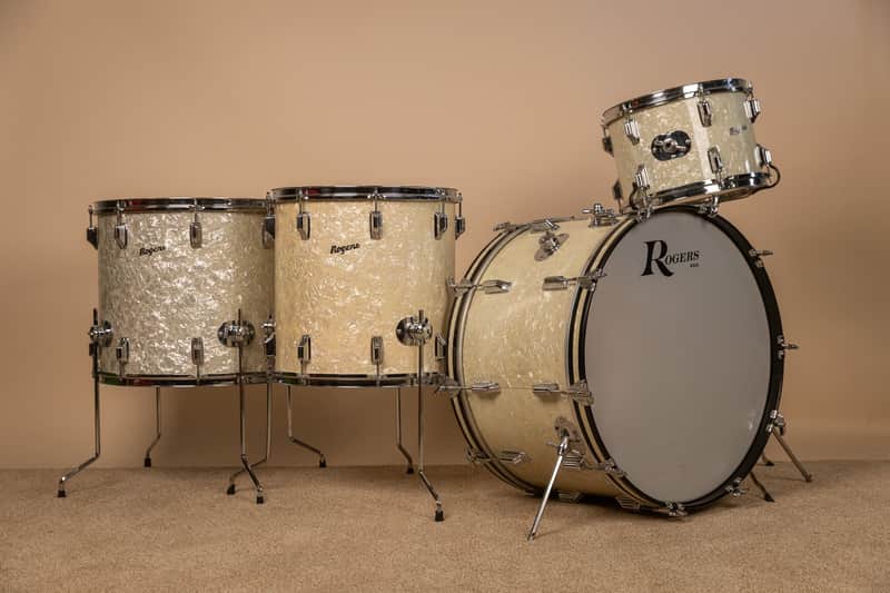 Vintage Rogers White Marine Pearl Drum Set 14x24 9x13 16x16 and 16x18 image 1