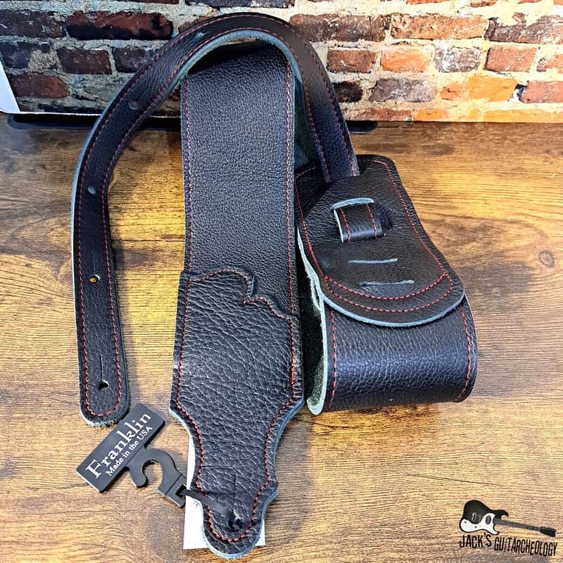 Franklin Strap 3" - Original Black Glove Leather Guitar/Bass Strap with Red Stitching image 1