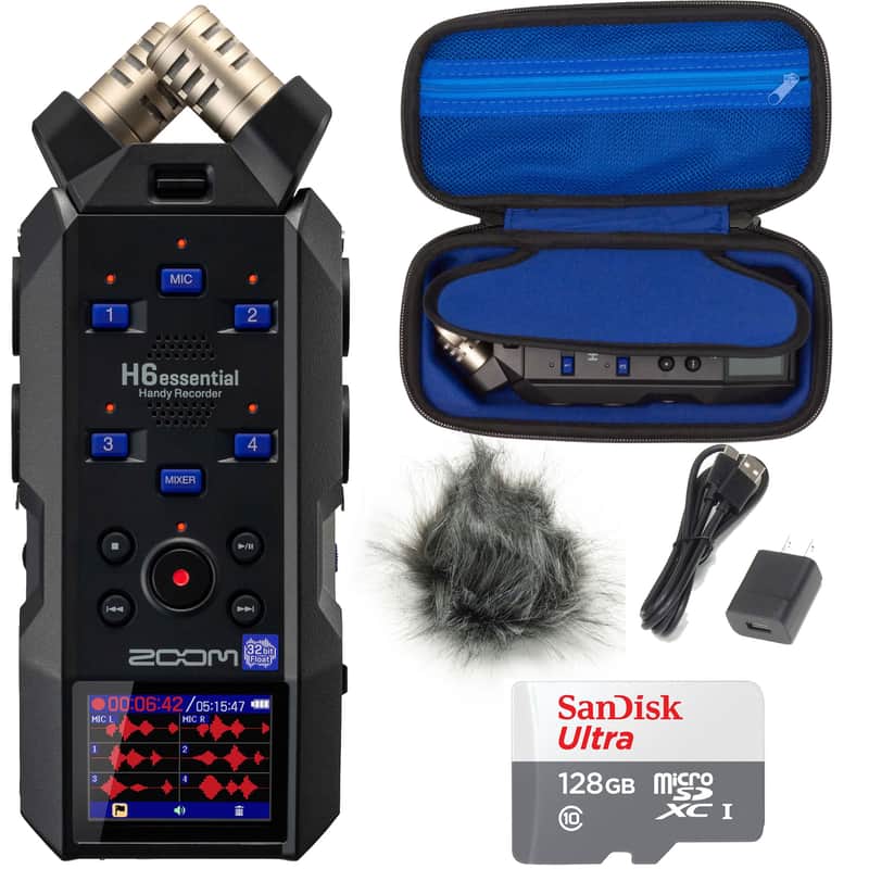 Zoom H6essential 6-Track 32-Bit Float Portable Audio Recorder + Zoom APH-6e Accessory Pack for H6essential Portable Recorder + SanDisk 128GB Ultra UHS-I microSDXC Memory Card with SD Adapter image 1