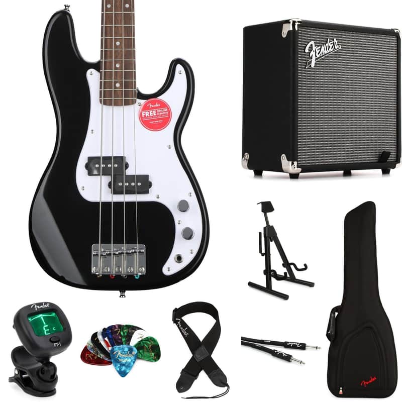Squier Mini Precision Electric Bass and Fender Rumble 15 Amp Essentials Bundle - Black image 1