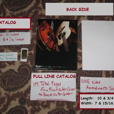 very lightly handed, near A+ genuine Ibanez 2013 Full Line Catalog (114 total pages) + a one page Amendments sheet (states "For Authorized Dealers Only") Color Pictures and B & W Text, Thin Quality Paper, Semi-Gloss Sheen, CATALOG - L: 11" x W: 8 & 1/4" image 2