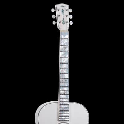 iMus i00-Size Handcrafted Acoustic Guitar - Adirondack Spruce Top with Flamed Maple Back and Sides - 90-Day Build,Ebony Fretboard Abalone Inlay - Stage and Studio Pro - Gloss White -Chinese Mother-of-Pearl Inlay Art image 3