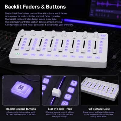 M-VAVE SMC-Mixer Wireless MIDI Mixer Controller, Portable Bluetooth MIDI Controller with 43 Backlit Buttons, 8 Faders & 8 Knobs, USB MIDI Fader Controller (SMC-Mixer White) image 3