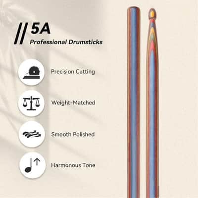 Drumsticks for Drums, Wooden Drum Sticks, Consistent Weight and Pitch, Durable and Drum Stick for Jazz Drum Electronic Drums set, Drum Stick for Professional, Beginners (Black & Red, 5A) image 3