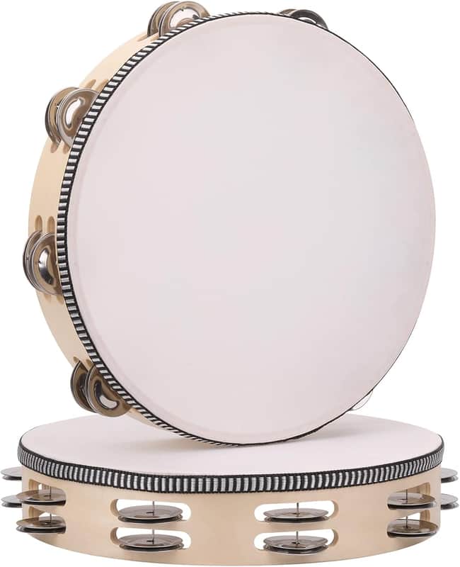 2Pack 10 Inch Double Row Tambourine for Adults Wooden Hand Held Drum Bell Tambourine with Metal Jingles, Percussion Musical Instruments Hand Tambourine for Church, KTV, Party image 1