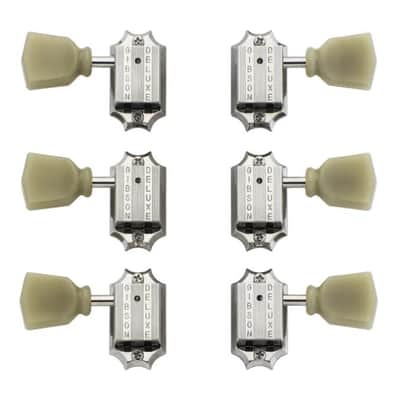 Gibson PMMH-010 Deluxe Green Key 3+3 Machine Heads - Vintage Nickel w/ Pearloid Buttons image 1
