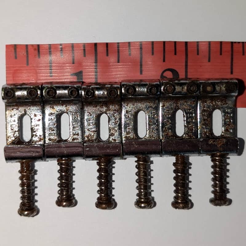 Vintage Fender 007-5123-049 American Standard Stratocaster Bridge Saddles (6) 1990s - Chrome - from MIM strat Relic’d OLD Real aged by years image 1