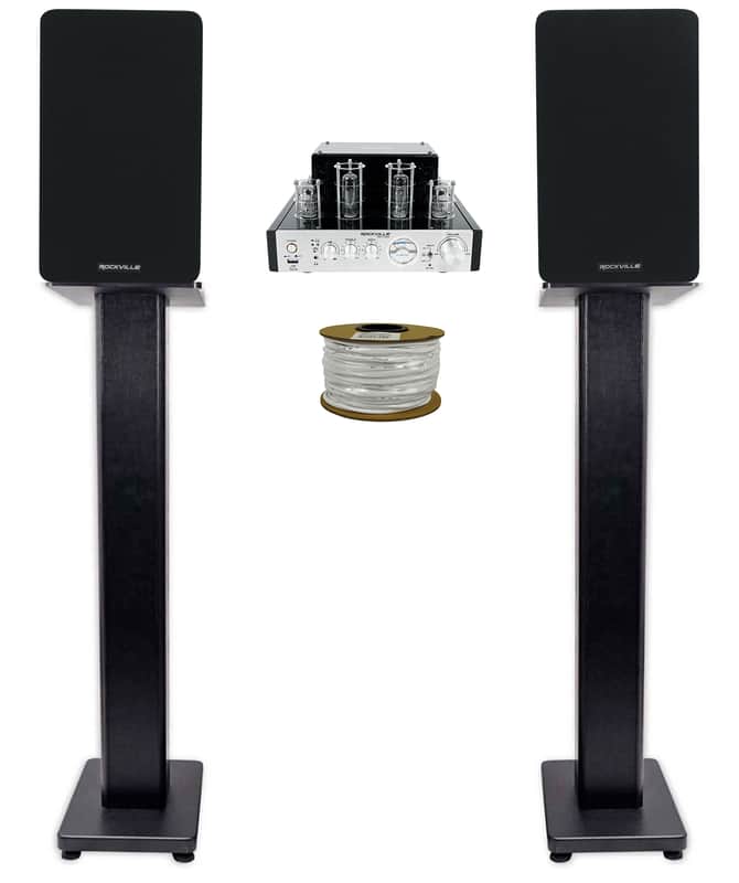 Rockville BluTube Tube Amplifier+5.25" Black Bookshelf Speakers+Black 36" Stands image 1