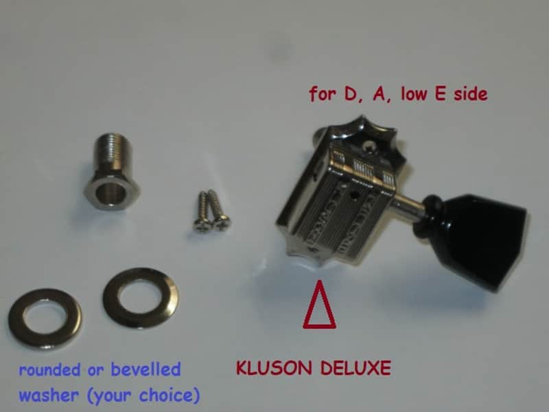 ONE near A+ genuine Gibson (Kluson) Deluxe Vintage Style Tuner for high D, A, low E side - PMMH model but with Black BUTTON (& says KLUSON DELUXE) + screws, washer, & nut with threaded shaft - HARDWARE: Nickel (from 2013 LPJ - NO guitar included) image 1